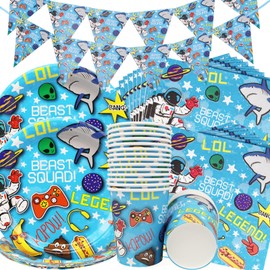 Doyomtoy 61 Pieces Space Game Party Tableware, Video Game Party Plates, Cups Napkins, Draw Flag, Game Party Decoration for Video Game Birthday Party Accessories Supplies Suitable for Children's