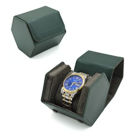Watch Travel Hexagon Case Portable Organizer - Luxury Watch Hexagon Travel Box Recycled Leather Watch Storage and Display for Men and Women(1Slot-Dark Green)