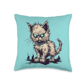 Mad Cat Bad Day Funny Kitten Accessories Mad Kitten Funny Cat Merch Angry Grumpy Fluffy Kitty Throw Pillow, 16x16, Multicolor