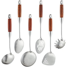 Stainless Steel Kitchen Utensils Set with Wood Handle, 18/10 Metal Cooking Utensils Set, 6-Piece - Spatula, Spoon, Ladle, Skimmer, Slotted Spoon, Pasta Server (Dishwasher Safe)