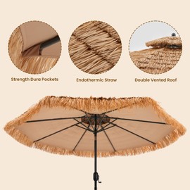 COSIEST 9FT Tiki Umbrella Outdoor Patio Hawaiian Thatched Shade With 8 Ribs Tilt Adjustment for Garden Pool Backyard Beach