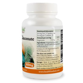 Magnesium Gluconate 500mg x 90 Capsules (100% Additive Free)
