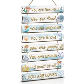 KAIRNE Mermaid Motivational Quotes Wall Sign Watercolor Inspirational Phrases Wooden Sign Shell Aesthetic for Girls Bedroom Decor Blue Coral Hanging Wood Plaque for Bathroom Kids Nursery