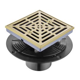 EXF Square Shower Drain 4 1/3 Inch Brushed Gold, Low Profile Stainless Steel Bathroom Floor Drain with Screw in Cover