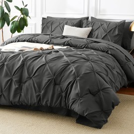CozyLux Dark Grey Comforter King Size - 7 Pieces King Size Comforter Set Pintuck Bed in A Bag Gray Pinch Pleat Bedding Sets with All Season Comforter, Flat Sheet, Fitted Sheet and Pillowcases & Shams