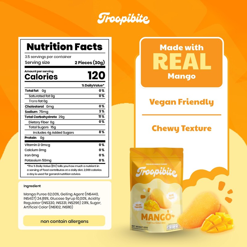 Troopibite Real Mango Gummies, Made with Real Fruit, Vegan Chewy