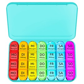 Doruimi Small Pill Box, 7 Days, Morning, Noon, Evening, 4 Large Compartments with Simple Opening Design for Children, the Elderly and Arthritic Hands, Cyan