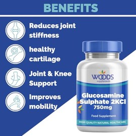 Woods Supplements - Vegan Glucosamine Sulphate 2KCl 1500mg x90 Tablets. Ideal For Joint, Knee Support & Bone Health. Sodium Free Glucosamine Sulphate Tablets. Premium Joint Supplements For Women & Men