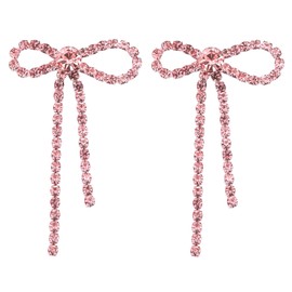 Suofrun Bow Earrings for Women Rhinestone Long Tassel Earrings Ribbon Bow Drop Earring Silver Stainless Steel Dangle Earrings Cute Sparkly Jewelry (Style 1-Pink)