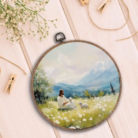 Hxlac Jesus Leaves the 99 Sheep Round Wall Art Framed, Christian Jesus Round Wall Decor, Christian Landscape Hanging Canvas Prints Wall Sculptures for Home Bedroom Living Room Decor, 10x10 Inch