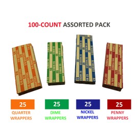 Flat Coin Wrapper 100 Assorted Pack(25 Each of Quarters, Dimes, Nickels, Pennies), ABA-Standard Colored Striped Durable Kraft Paper