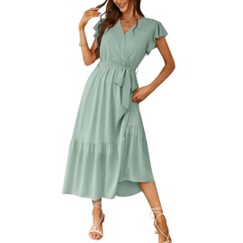 PRETTYGARDEN Women's Summer Floral Boho Dress Wrap V Neck Short Sleeve Ruffle A-Line Flowy Maxi Wedding Guest Dresses (Solid Green,Medium)