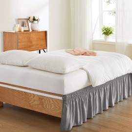 Entisn Grey Adjustable Bed Skirt for Full & Queen Size Bed - with 18 Inch Tailored Drop, Wrap Around Bed Skirts with Adjustable Elastic Belt for Easy Fitting - Wrinkle & Fade Resistant