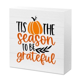 Farmhouse Thanksgiving Decor, 'Tis The Season Sign Pumpkin Decor Grateful Decorations Sign, Rustic Thanksgiving Decorations for Table, Home Office Desk Shelf Cubicle Decor 5 x 5 inch