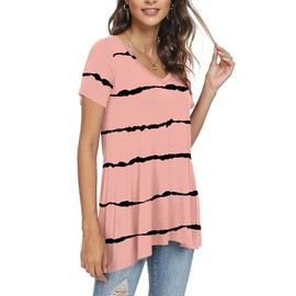 POPYOUNG Women's Long Tunic Tops to Wear with Leggings Summer Short Sleeve Loose Fit Dressy Shirts M-5XL XXL, Stripe Red
