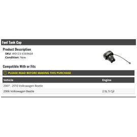 Marketplace Auto Parts Fuel Tank Cap - Compatible with 2006-2010 Volkswagen Beetle 2.5L 5-Cylinder