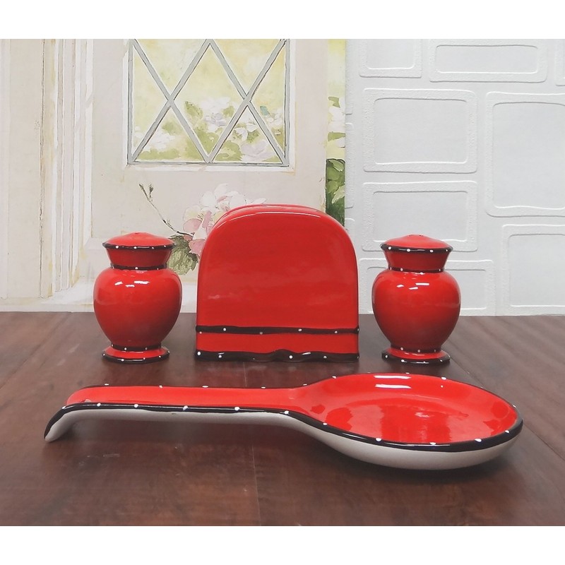 ACK Hand Painted Ceramic Ruffle Red 4PCs Table/Stove Top Set,