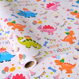 Titiweet Dinosaur Birthday Wrapping Paper - 17" x 16.4 ft - Cute Dino Party Gift Wrap for Kids