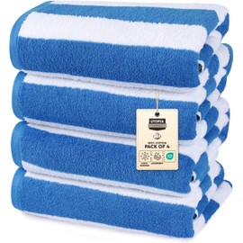 Utopia Towels 4 Pack Cabana Stripe Beach Towel, 30 by 60 Inches, Oversized 100% Ring Spun Cotton Pool Towels, Highly Absorbent Quick Dry Bath Towels for Beach, and Swim, Blue