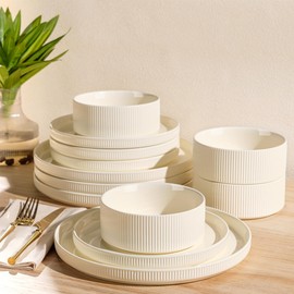 TheTerra Ceramic Dinnerware Sets for 6, 18 Pieces Porcelain Lightweight Plates and Bowls Sets, Scratch Resistant Dish Set, Oven & Microwave & Dishwasher Safe, Beige