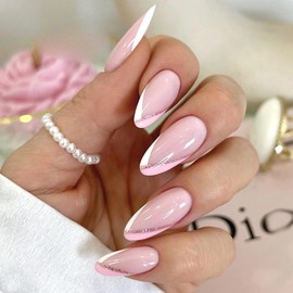 EternalClassic French Tip Press on Nails Medium Almond Pink Fake Nails with Glue False Nails with Sparkly Curve Line Design Glossy Glitter Acrylic Nails Press ons Full Cover Glue on Nails