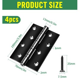 Pack of 4 Hinges Heavy Duty 100 x 76 x 13 mm, Bolatus Hinges Foldable Black with 8 Holes, Door Ball Bearing Hinges Stainless Steel with Screws, Hinges for Solid Doors, Garden Gate, Indoor, Outdoor