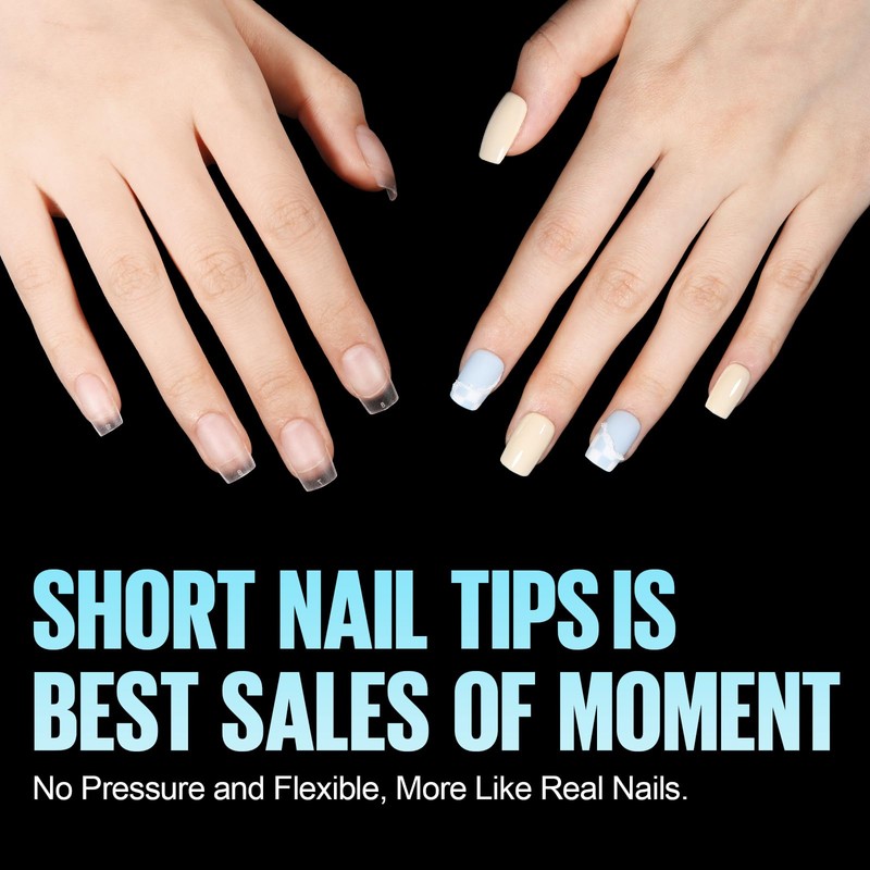 TOMICCA Short Square Nail Tips with Nail Glue Set, Nail