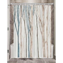 Blue Brown Birch Tree Camper RV Shower Curtain for Travel Trailer Bathroom, Farmhouse Camping Small Narrow Shorter Fabric Shower Curtains Set, Happy Camp Outdoor Decor Accessories with Hooks 47X64