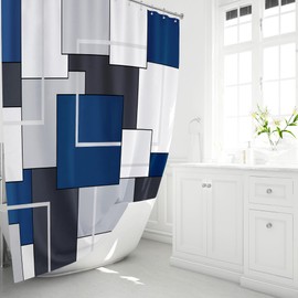 BTTN 96 Inch Extra Long Shower Curtain, 72x96 Geometric Waterproof Fabric Shower Curtain Set with Plastic Hooks, Extra Tall Hotel Spa Luxury Modern Cloth Shower Curtain for Bathroom, Navy Blue