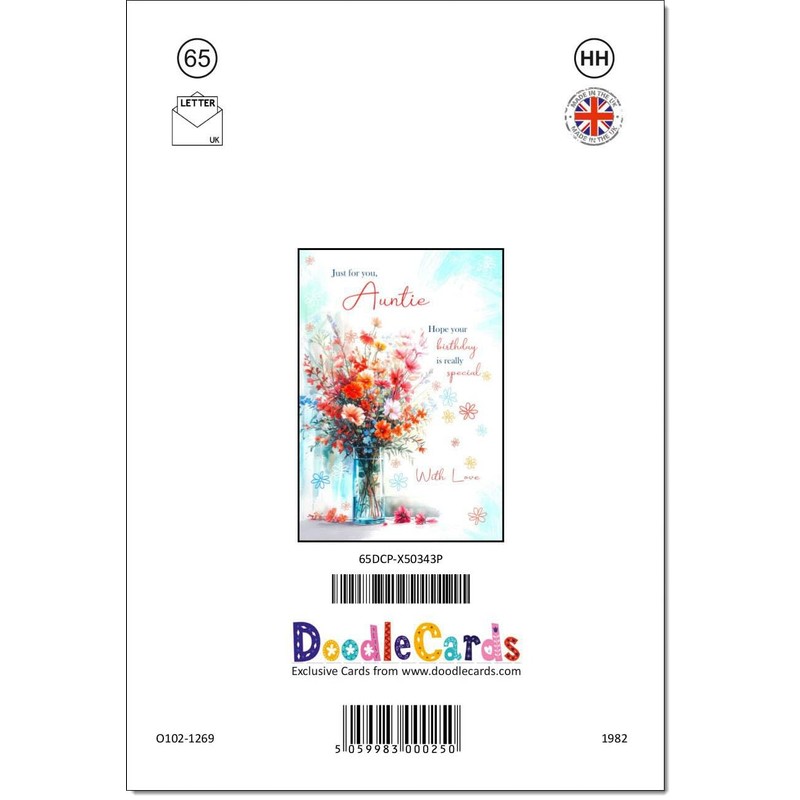 doodlecards Auntie Birthday Card Bright Bouquet Medium Size with Plain