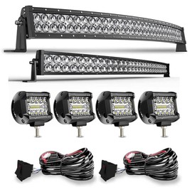 DOT 5D Curved LED Light Bar 52 Inch 300W&32 Inch 180W Light Bar Flood Spot Combo Beam+4X 4 Inch Led Pods Working Light with Wiring Harness Kits for Jeep JK Wrangler ATV UTV Truck-2 Years Warranty