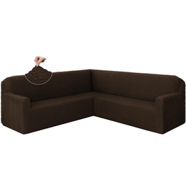 HDCAXKJ L-Shaped Sectional Couch Cover Stretch Couch Covers for Sectional Sofa L Shape Sofa Covers Seersucker U Shaped Couch Slipcover Washable Furniture Protector for Pets Dogs (Dark Brown, X-Large)
