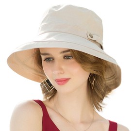 SOMALER Womens Cotton Wide Brim Sun Hats UPF50+ UV Packable Beach Hat Summer Bucket Cap for Travel, Button Decoration-beige, One Size