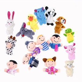 Jzhen 16 Pieces Small Animal Finger Puppet Set, Hand Puppet for Children, Plush Toy Hand Puppet Set Animal People Family Members, Finger Plush Toy for Party Bag Gift Learning Toy
