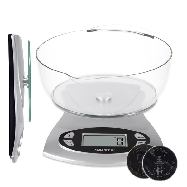 Salter 1069 SVDR Digital Kitchen Scale – With Dishwasher Safe Detachable 1.8L Bowl, 4-in-1 Food Scales, Clock, Timer, Room Temp, Measures Liquids, Tare/Zero, Baking/Cooking, 5KG Capacity, Easy Read