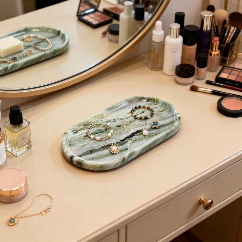 Green Marble Vanity Tray 9.8", Natural Stone Organizer for Bathroom