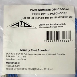 Allen ATP ALLEN TEL PRODUCTS GBLC2 D3 06 Duplex Patchcord Fiber Optic LC to LC 50/125