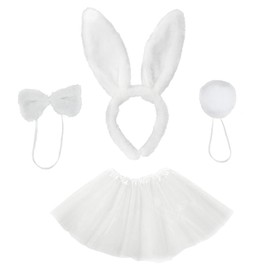 NHALESBG 4 Pcs Bunny Costume Set for Easter: Headband, Tutu, Bowtie, Rabbit Decorations - Adorable White Cosplay