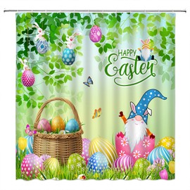 Easter Shower Curtain Green Watercolor Leaves Cute Gnome Elf Colorful Easter Eggs Happy Easter Spring Holiday 70" WX70 H Bathroom Decor Fabric Curtain with Hooks