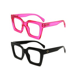 HoouMoou Stylish Oversized Squarer Reading Glasses for Women Funky Blue Light Blocking Glasses Cute Designer Readers with Spring Hinge(Fuchsia + Black, 2.0x)