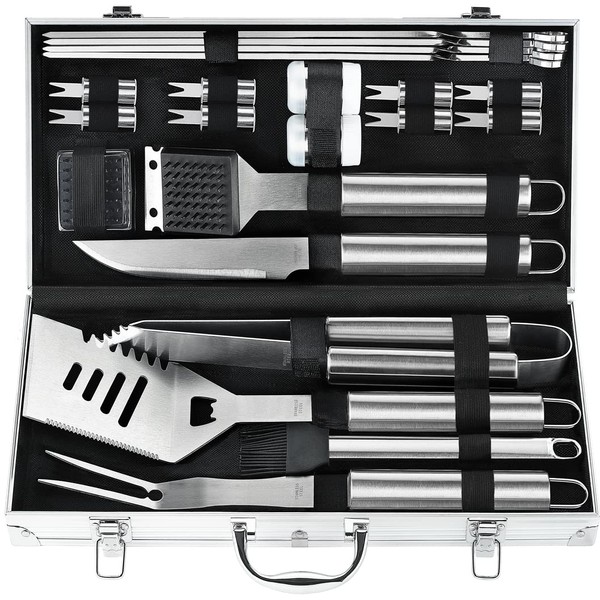 POLIGO 22PCS Camping BBQ Grill Accessories for Outdoor Grill Set Stainless Steel BBQ Tools Grilling Tools Set in Aluminum Case - Grill Utensils Set Ideal Birthday Father's Day BBQ Gifts for Men Dad