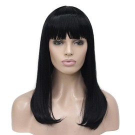 Lydell 14" Long Straight Wig Soft Heat Fiber Hair Cute Neat Bang Under Shoulder Full Wig (Black)