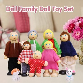 Udbrud Dollhouse Doll Family Set, Bending Dolls Dolls House 7 People Wooden Mini Dolls with 2 Dogs Dollhouse Dolls 9 Piece Doll Families Dollhouse for Children Game House Gift