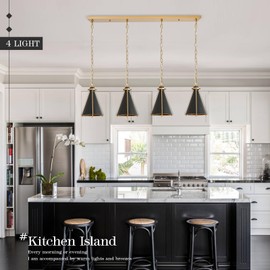 CaraLuxe Black & Gold Kitchen Island Light 4-Light Hanging Chandelier Cone Shade 42" Rectangle Kitchen Island Pendant Light Fixture for Dining Room Bar Counter