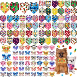 Sanwuta 108 Pcs Dog Bandanas Bulk for Summer Soft Breathable Dog Multi Color Fruits Bow Ties Adjustable Pet Collar Bowtie Triangle Pet Scarf for Summer Beach Hawaii Costume Accessories