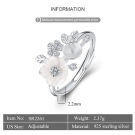 LGSY Sterling Silver Daisy Flower CZ Leaf Pearl Ring Mounting for Women, Adjustable Pearl Ring Fittings Accessories for Pearl Jewelry Making
