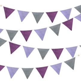 2 Sets of Purple Grey Nursery Garland 24Pcs Grey Purple Fabric Linen Pennant Banner Flags Triangle Streamers for Baby Playroom Decor Kids Girls Lavender Birthday Baby Shower Boho Party Decorations
