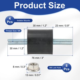 PATIKIL M8 30x30mm Rubber Isolator Mounts, 4 Pcs Rubber Studs Shock Absorber Anti-Vibration Isolation Damping Mounts with Lock Nuts for Motor, Air Compressor, Engines (76mm Height)
