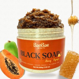 BaoBae Beauty Black Soap Scrub - Natural Exfoliating Body Wash with Honey, Papaya Oil, Shea Butter, and Vitamin E and C - 200G