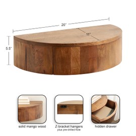 Kate and Laurel Reid Modern Wooden Floating Side Table, 20 x 11 x 6, Walnut Brown, Contemporary Wood Floating Nightstand with Drawer for Extra Storage and Added Functionality